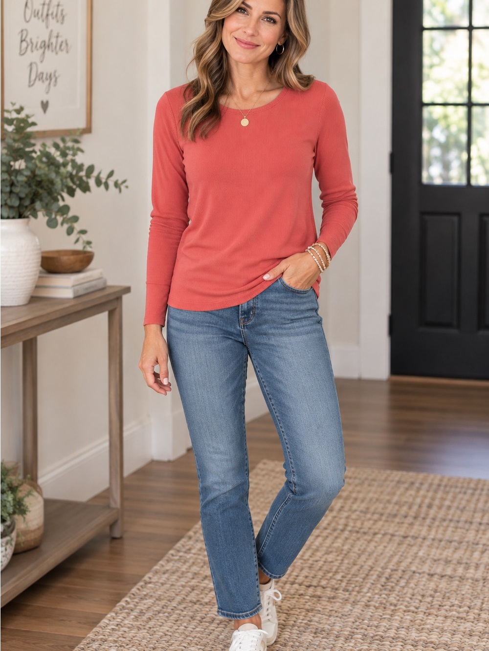 Nine West Coral Long Sleeve Crewneck Top